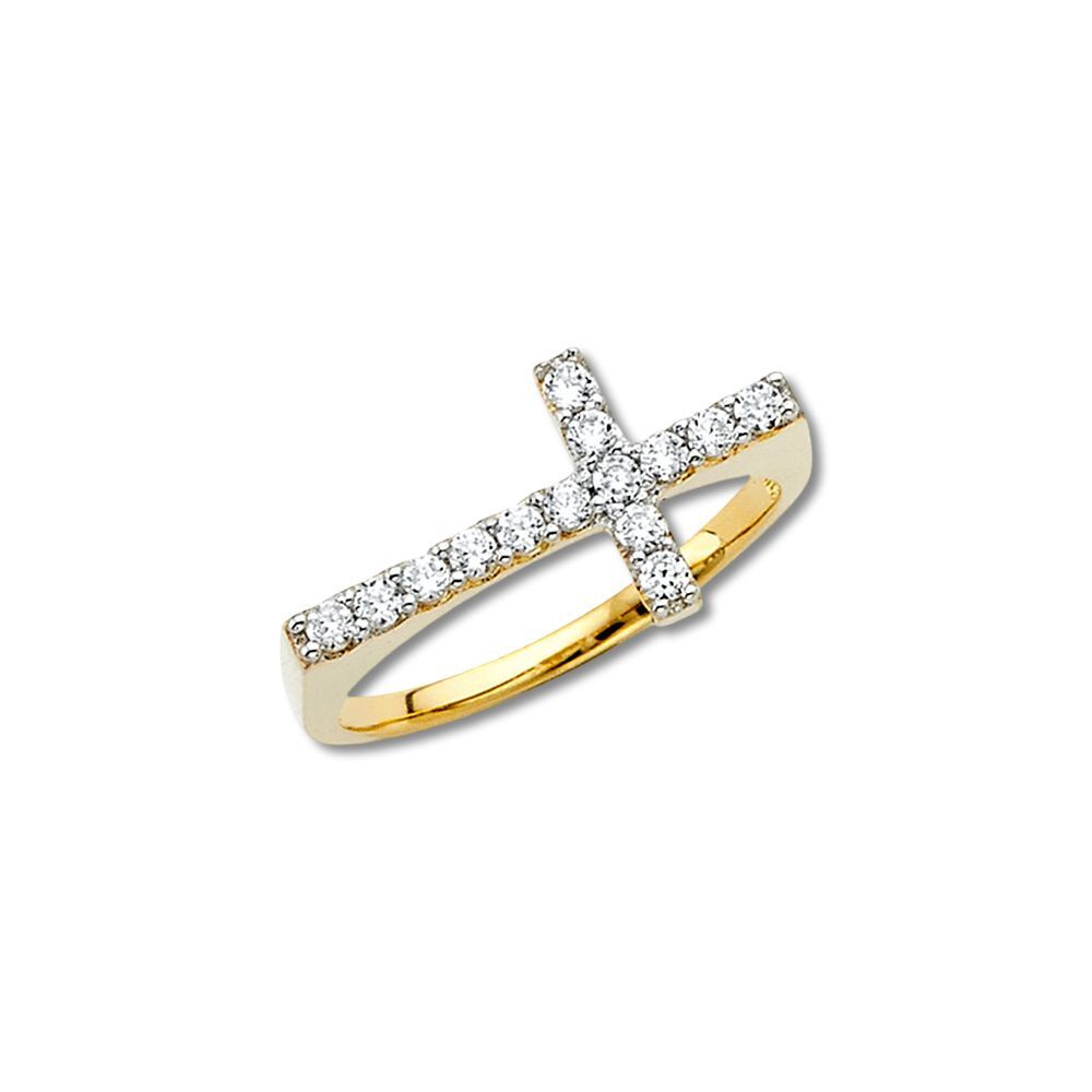14K Gold Cross Ring with CZ Solid Yellow Gold Christian Jewelry By Tehrani